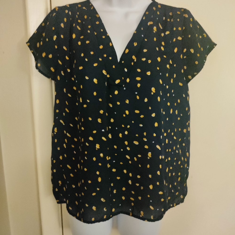 💸TIMING -Pretty! Blue &Yellow "popcorn" print V-neck top. Sz.S